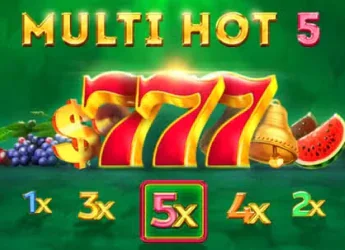 Multi Hot 5 game interface with burning lucky sevens, bells and grapes